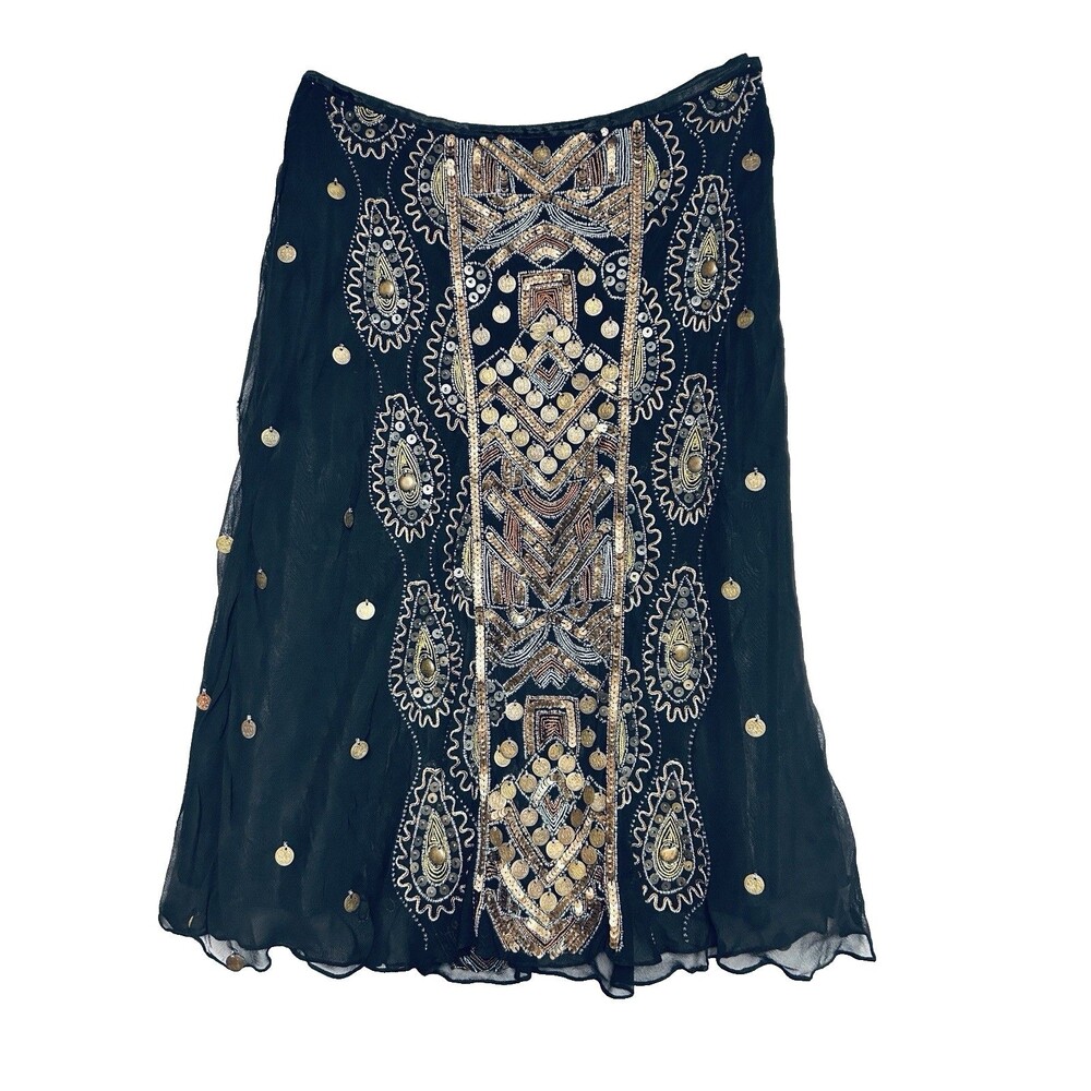 Boston Proper Women's L 100% Silk Coin Skirt Gypsy Belly Dance Boho